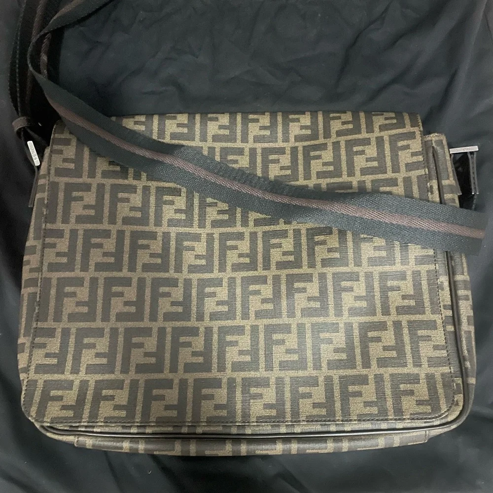 Fendi Mens Flap Messenger Bag Zucca Coated Canvas Medium